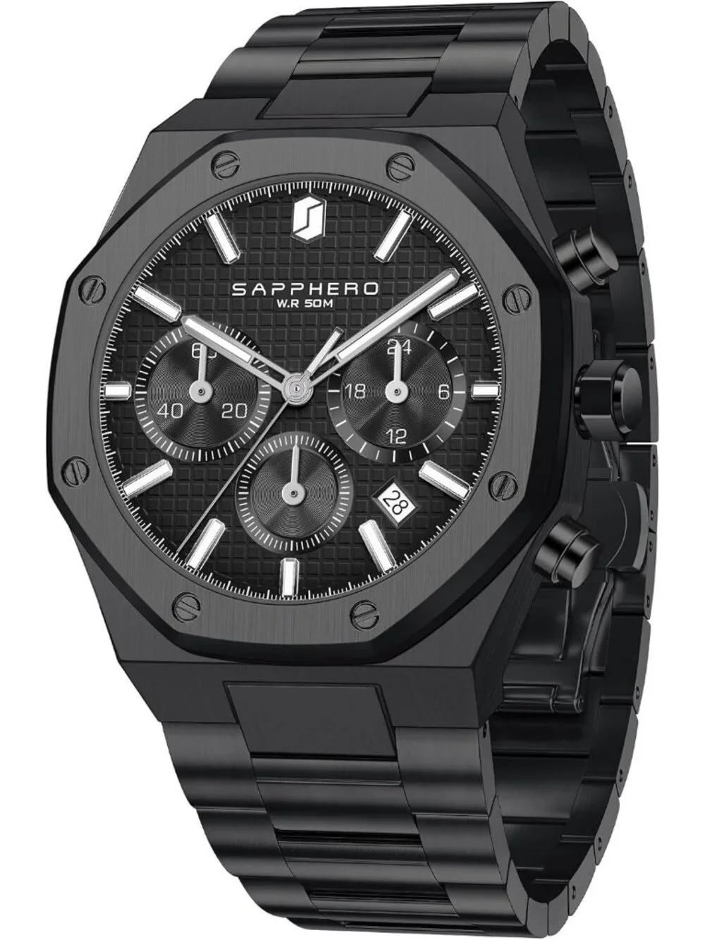 Men's Black Chronograph Quartz Movement Stainless Steel Luxury Date Wrist Watch